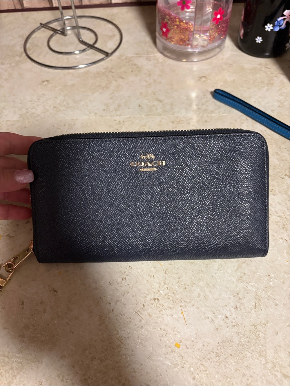 Coach Black Leather Zip Card Holder with Gold Logo